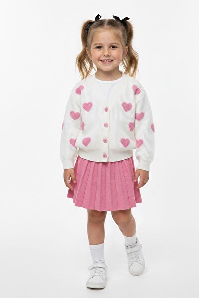 NEWKİDS Set pentru fetiță cu cardigan tricotat cu detaliu inimă și fustă plisată