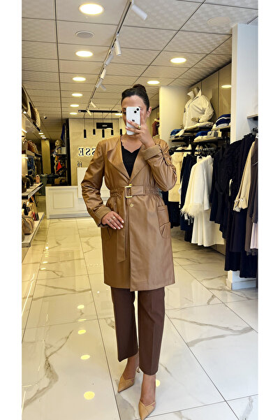 Vosse Moda İlgi Camel Beli Lastikli Kuşak Detaylı Trençkot