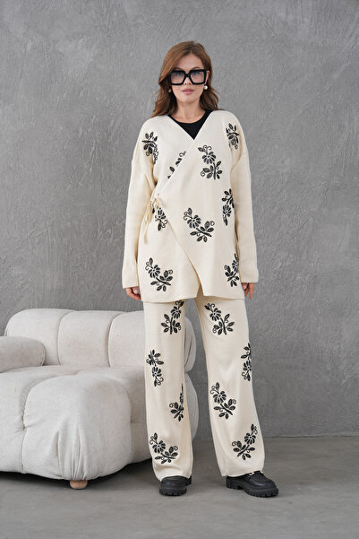 Miss Allos Women's Beaded and Embroidered Side-Tie Wide-Fit Knit Cardigan and Pants Set