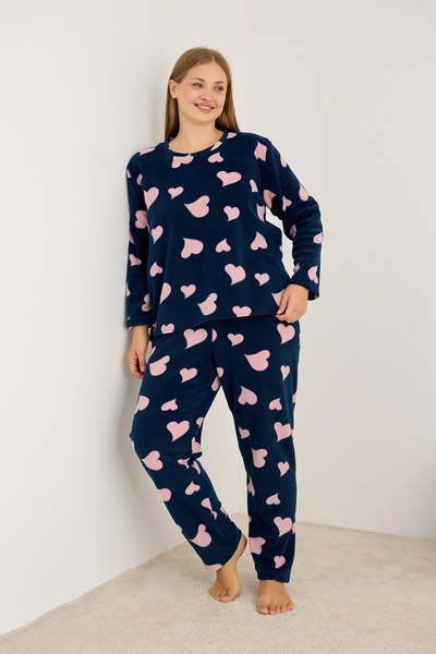 Siyah İnci lacivert kalp desenli Büyük Beden Polar Kışlık Örme Pijama Takım