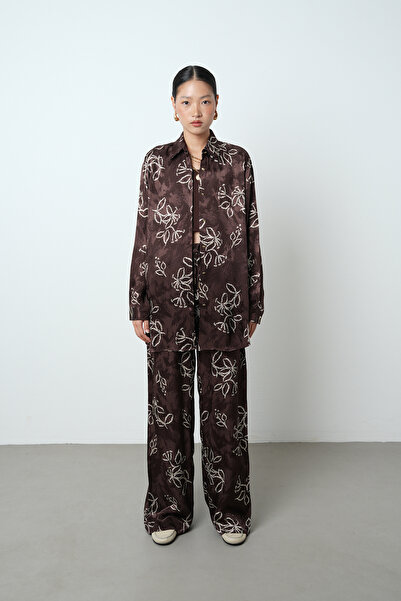 Orfeo Negro Women's Floral Patterned Brown Oversize Cut Shirt