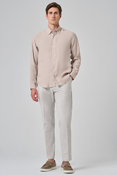 Morven Men's Beige Trendy Plain Pattern Dynamic Fit Buttoned Collar Shirt