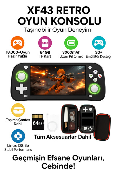 Retro Arcade XF43 Oyun Konsolu 4.3'' IPS Ekran 64GB 18.000 Oyunlu Taşınabilir...