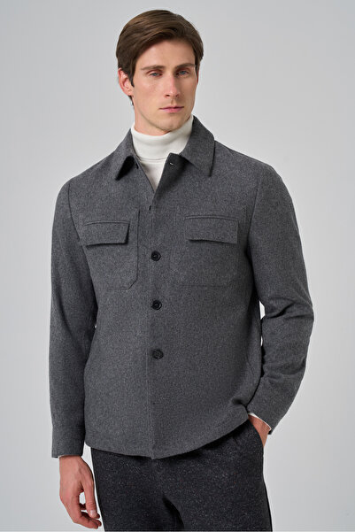 Morven Erkek Füme Yünlü Berberi Yaka Çift Kapak Cepli Gömlek Ceket