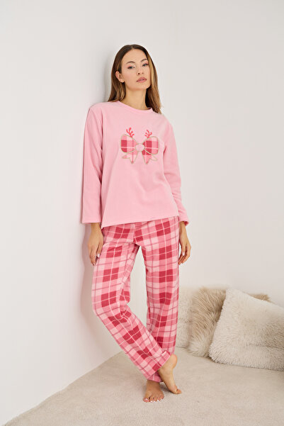 Siyah İnci Pink Bow Embroidered Plaid Fleece Winter Knitted Pajama Set