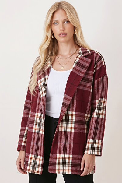 armonika Women's Dark Burgundy Men's Collar Oversized Jacket with Side Slits Arm-26K001009