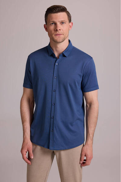 Ysf Men's Blue Mercerized Short Sleeve Shirt