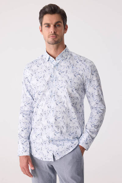 Ysf Men's Ice Blue Hidden Collar Buttoned Slim Fit Linen Shirt