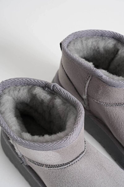 innsteal Mini Gri Süet Yarım Bot İçi Tüylü Düz Taban Kadın Ayakkabı