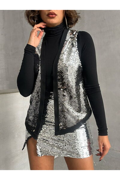 Caddebostan Moda Κομψό μακρύ γυναικείο γιλέκο υψηλής ποιότητας με λεπτομέρεια από πούλιες