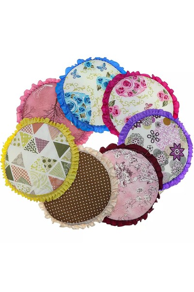 BYCAGRİ Desenli Fırfırlı Yuvarlak Tabure ve Sandaliye Minderi-Karışık Renk 30x30cm 2'Lİ