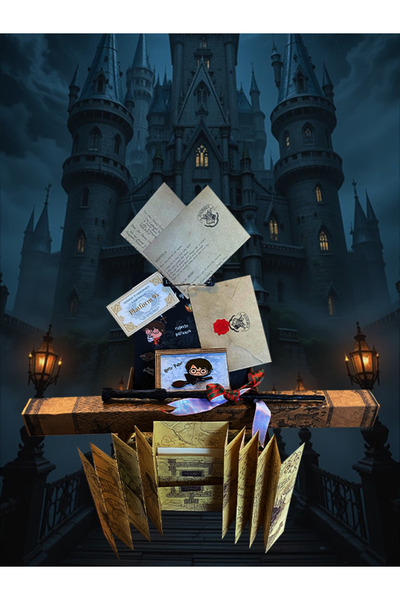 Dörtel Tedarik Harry Potter Hediye Kutusu Asa,Defter,Anahtarlık,Çapulcu Harit...