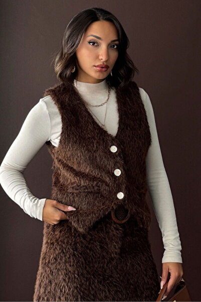 Caddebostan Moda Vintage Style Dark Brown Feather Women's Premium Luxury Trend Design Vest