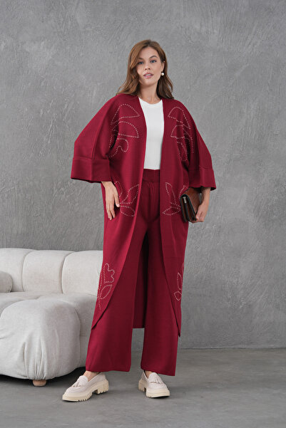 Miss Allos Women's Beaded Wide-Fit Knitwear Cardigan and Pants Bottom-Top Set