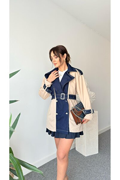 QİMYA BUTİK Keyymod Women's Denim Garni Detailed Gabardine Trench Coat