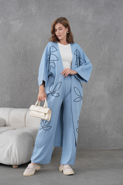 Miss Allos Women's Beaded Wide-Fit Knitwear Cardigan and Pants Bottom-Top Set