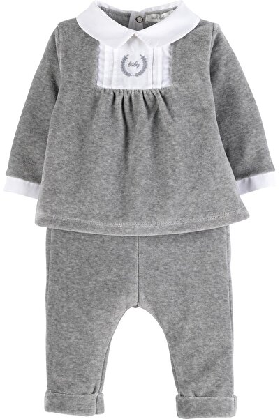 İDİL BABY Baby Girl Gray Embroidered Velvet 2-Piece Set