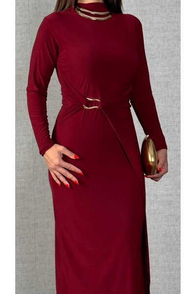 buğrahayalin Women's Turtleneck Buckle Detail Sandy Fabric Midi Length Dress