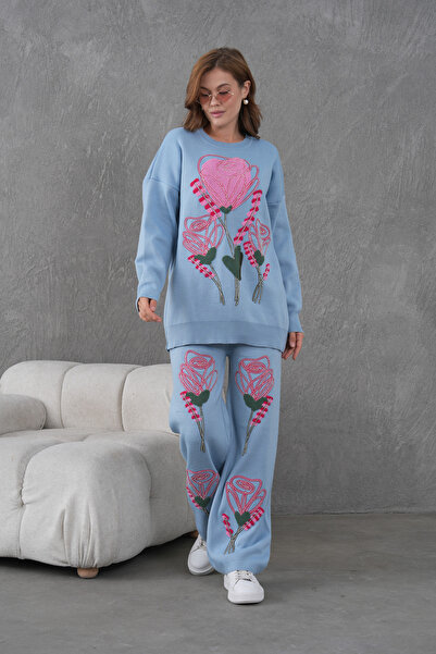 Miss Allos Women's Beaded and Embroidered Wide-Fit Knitwear Sweater and Pants Top and Bottom Set