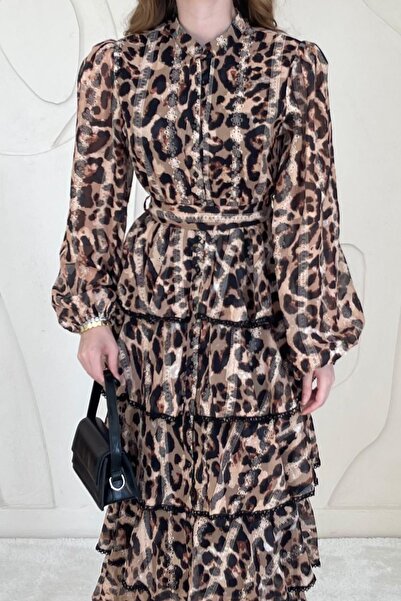 Elbee Fashion Woman Leopar Desenli Volanlı Şifon Elbise