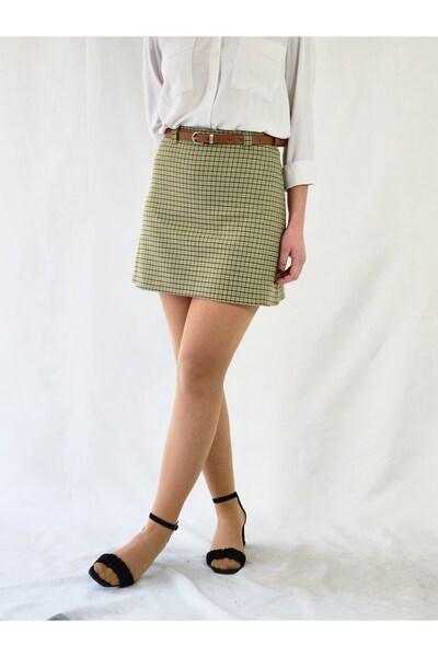 YAXİ High Waist Green Checked Woven Fabric Mini A-Line Skirt with Belt