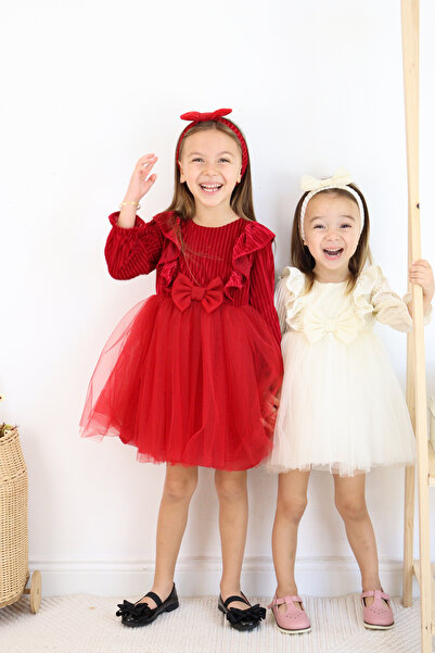 Serkon BABY Çizgili Kadife Arka Büyük Fiyonk Detaylı Tütü Kabarık Kız Çocuk Elbise