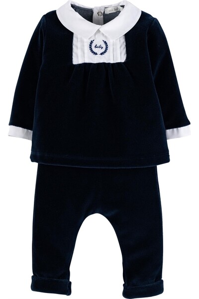 İDİL BABY Baby Girl Navy Blue Embroidered Velvet 2-Piece Set