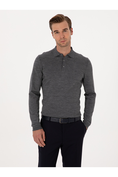 Cacharel Füme Slim Fit Yün Karışımlı Polo Yaka Basic Triko Kazak 50315267-VR058