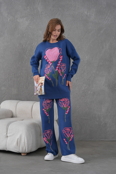 Miss Allos Women's Beaded and Embroidered Wide-Fit Knitwear Sweater and Pants Top and Bottom Set