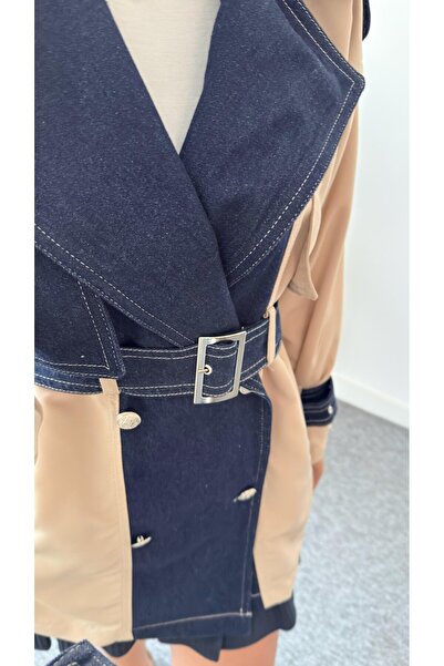 QİMYA BUTİK Keyymod Women's Denim Garni Detailed Gabardine Trench Coat