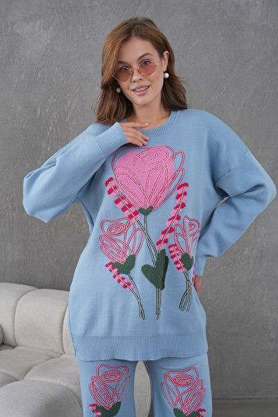 Miss Allos Women's Beaded and Embroidered Wide-Fit Knitwear Sweater and Pants Top and Bottom Set