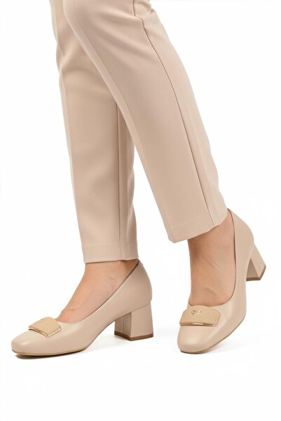 AYAKMOD Bej Cilt Kalın Topuklu Kadın Abiye Ayakkabı 695039 Z