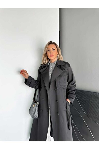 QİMYA BUTİK Egzoti̇k Women's Large Pocket Tok Fabric Classic Trench Coat