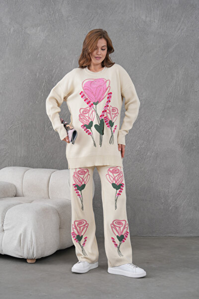 Miss Allos Women's Beaded and Embroidered Wide-Fit Knitwear Sweater and Pants Top and Bottom Set