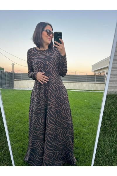 charamela Plus Size Long Lycra Brown-Black Viscose Combed Dress-Bge137