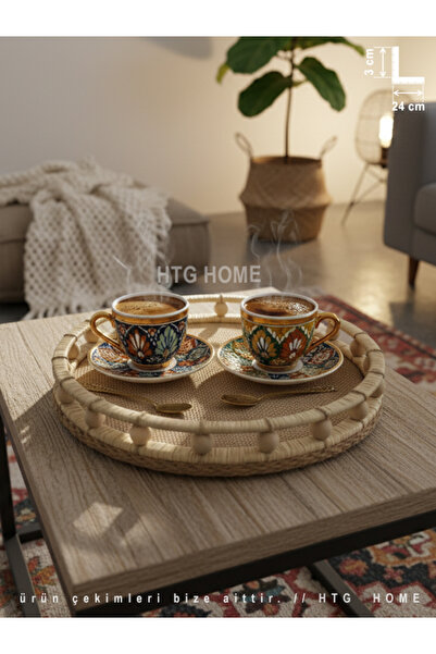 HTG HOME El Yapımı Ahşap Hasır Boncuklu Doğal Rafya Tepsi , Dekoratif Tepsi, Boncuklu Tepsi