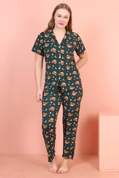 nasbina Women's Teddy Bear Pattern Buttoned Pajama Set