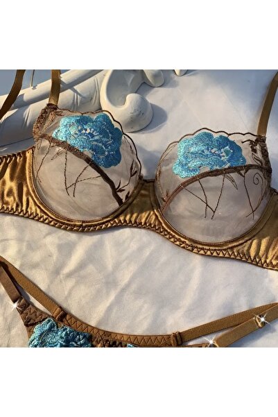 Accessories Hei Bronze Embroidered Lace Stylish Shiny Sexy Women's Daily Two-Piece Underwear Set