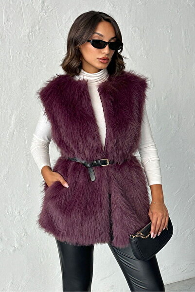 Caddebostan Moda Plum Feather Long Fur Stylish Premium Luxury Trend Special Design Women's Vest