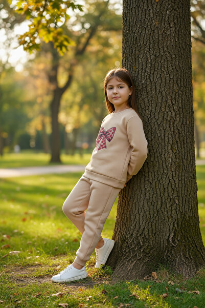 Genel Markalar Kız Çocuk 3 İplik İçi Şardonlu Alt Üst Eşofman Takımı Kurdele Baskılı