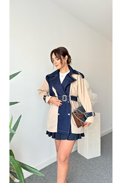 QİMYA BUTİK Keyymod Women's Denim Garni Detailed Gabardine Trench Coat
