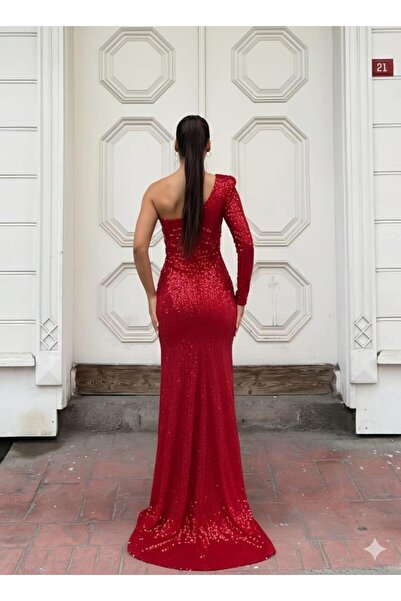 strapless open back dress Liora One Shoulder Sequin Crystal Maxi Dress With Gloves In Red – Mew Mews main image 1