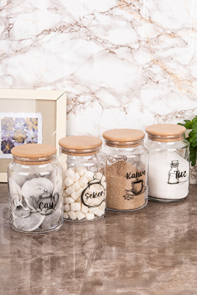 Minya Home 4 Adet 800 ml Ahşap Vakum Kapaklı Cam Kavanoz Seti Çay Şeker Kahve Tuz Saklama Kabı Etiketli