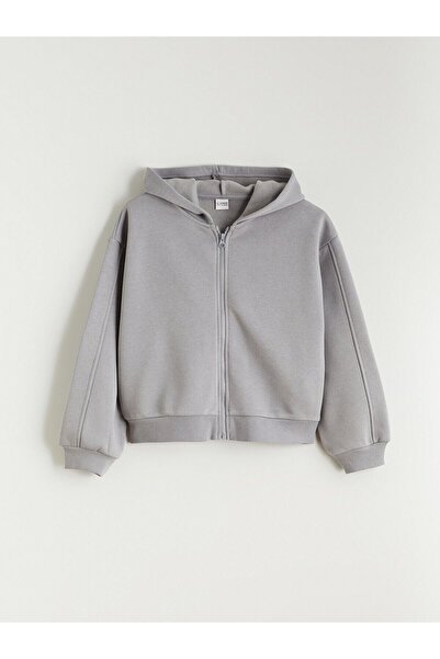 LC Waikiki Lcw Kids Gray Hooded Girls' Zipper Sweatshirt with Nevavm Difference