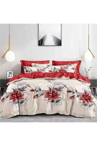 LOCK Red Floral Bedding Set - Cream and Gray Flowers - Soft & Stylish