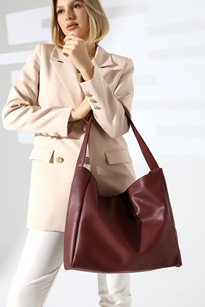 BALANZ حقيبة نسائية باللون الأحمر الداكن حقيبة كتف وحقيبة يد كبيرة الحجم بسحاب