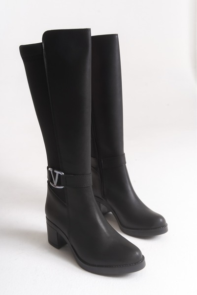 DORA Black Leather Look Stretch Back Flexible Thick Medium High Heel V Metal Detail Zippered Long Boots