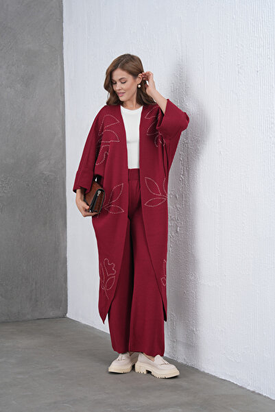 Miss Allos Women's Beaded Wide-Fit Knitwear Cardigan and Pants Bottom-Top Set