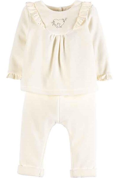İDİL BABY Baby Girl Cream Embroidered Velvet 2-Piece Set