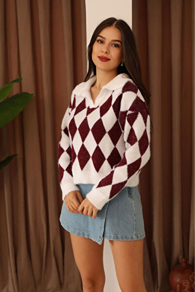 Nazline Women's Diamond Pattern Shirt Collar Long Sleeve Knitwear Sweater